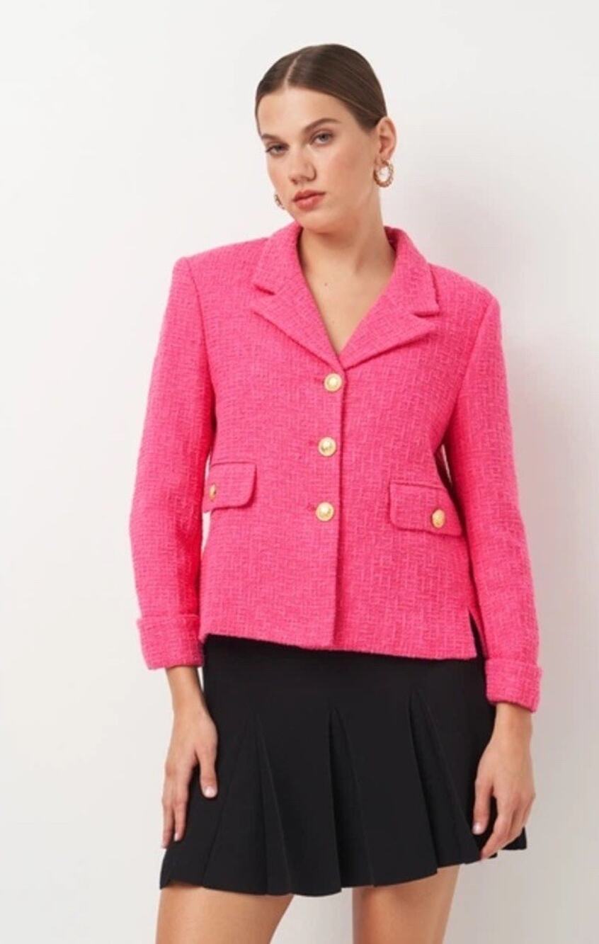 ZARA Textured Tweed Pink Blazer Gold Buttons Jacket Size M 3666/469